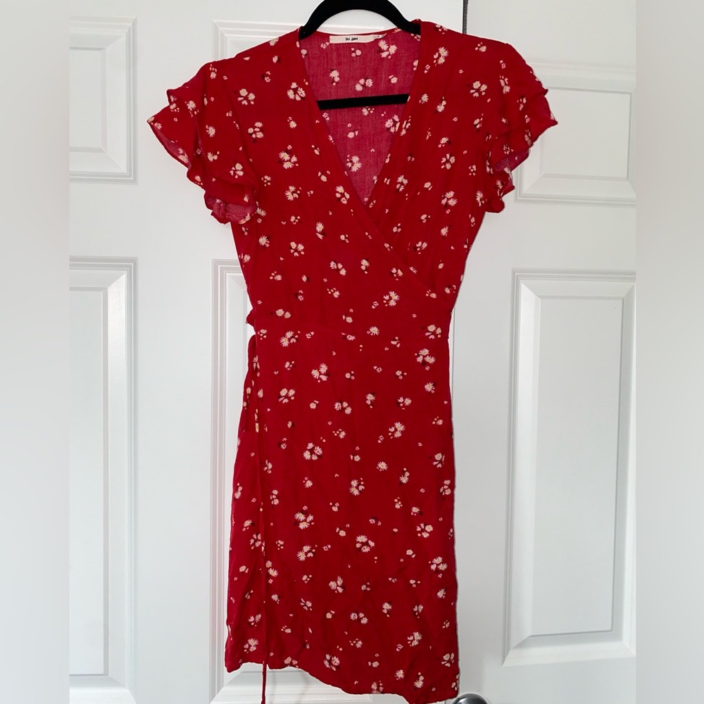Francesca's Collections Red and White Ruffled Wrap Midi Dress